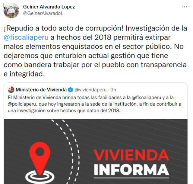 Geiner Alvarado, ministerio de VIvienda, se pronunció sobre el allanamiento realizado por la FIscalía en su cartera. Foto: Twitter