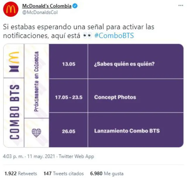 The BTS Meal: calendario Mc Donald's Colombia. Foto: Twitter
