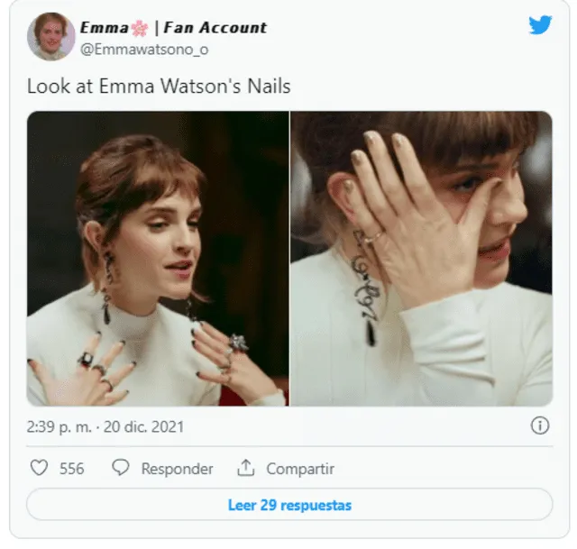 Publicación de Twitter que muestra diferentes manicures de Emma Watson. Foto: Twitter