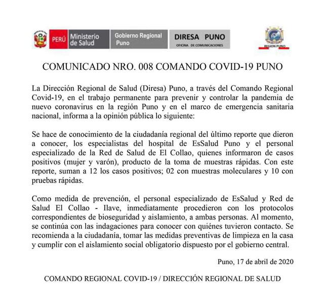 Reporte emitido este viernes 17 de abril sobre casos positivos en Puno.