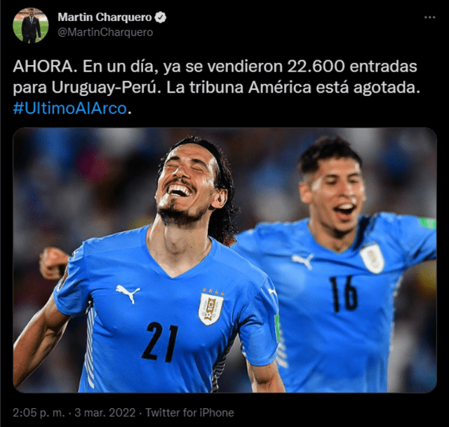 Así comentó Charquero la venta de entradas para el Uruguay vs. Perú. Foto: captura Martin Charquero twitter