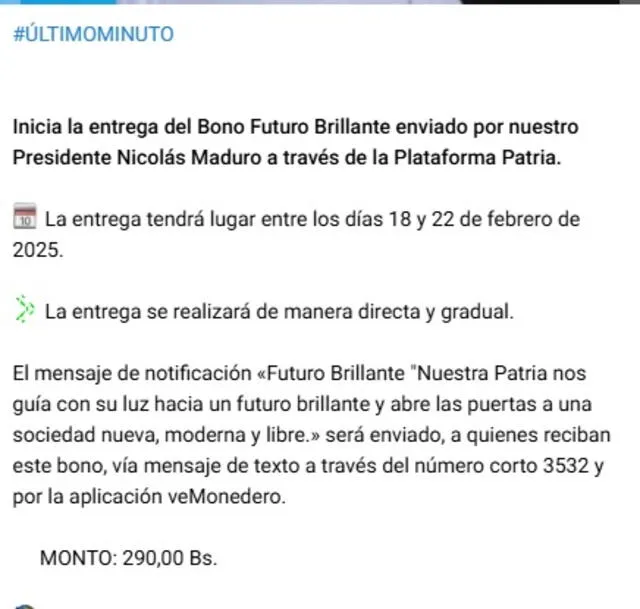Anuncio del Primer Bono Especial de febrero 2025. Foto: Canal Patria Digital   