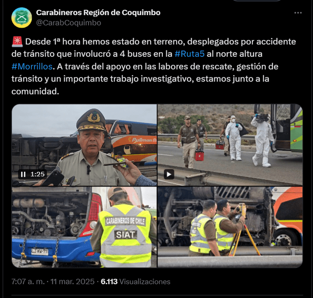Actualización sobre el accidente en la Ruta 5 Norte por parte de los Carabineros de la Región de Coquimbo. Foto: X/@CarabCoquimbo. Actualización sobre el accidente en la Ruta 5 Norte por parte de los Carabineros de la Región de Coquimbo. Foto: X/@CarabCoquimbo.