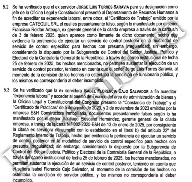  Informe de Contraloría sobre documentos de Jorge Torres Saravia e Isabel Cajo.   