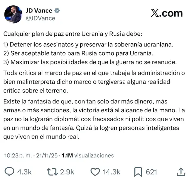 JD Vance defiende el plan de paz de Trump sobre Ucrania y Rusia. Foto: @JDVance/X<br> JD Vance defiende el plan de paz de Trump sobre Ucrania y Rusia. Foto: @JDVance/X<br>