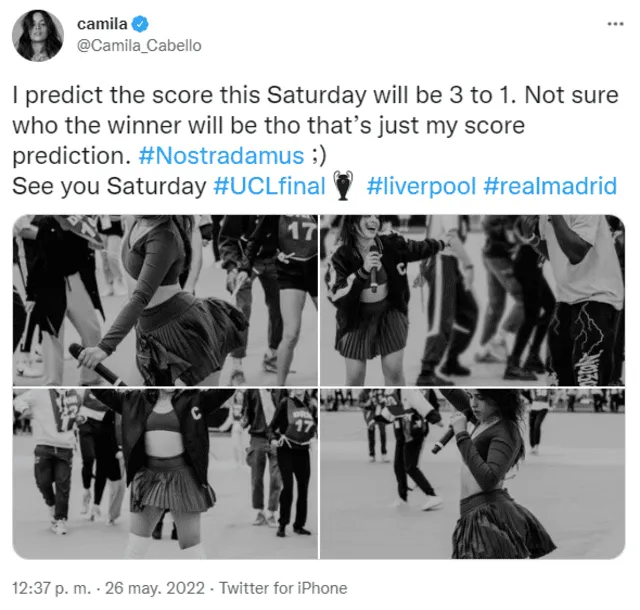 Camila Cabello se muestra emocionada por estar en la Champions League 2022. Foto: captura de Twitter