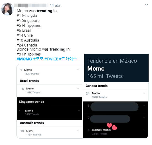 El cambio de look de Momo fue trending topic en varios países. Captura Twitter, 14 de abril 2020.