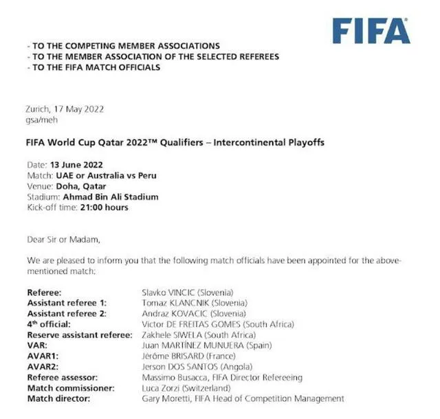Documento oficial de la FIFA donde designan a la terna arbitral para el repechaje de Perú vs. (Australia o EAU). Foto: captura.