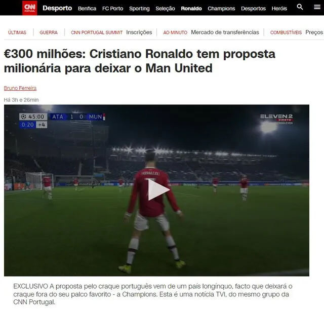 Desde la TV de Portugal informaron sobre la supuesta oferta a Cristiano Ronaldo. Foto: captura de pantalla/CNN Portguesa