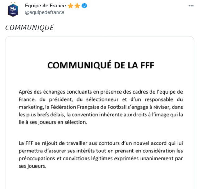 Comunicado de la Federación Francesa. Foto: FFF