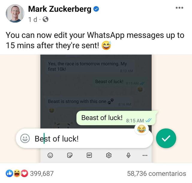 Post de Mark Zuckerberg sobre la novedad de WhatsApp. Foto: captura de Facebook   