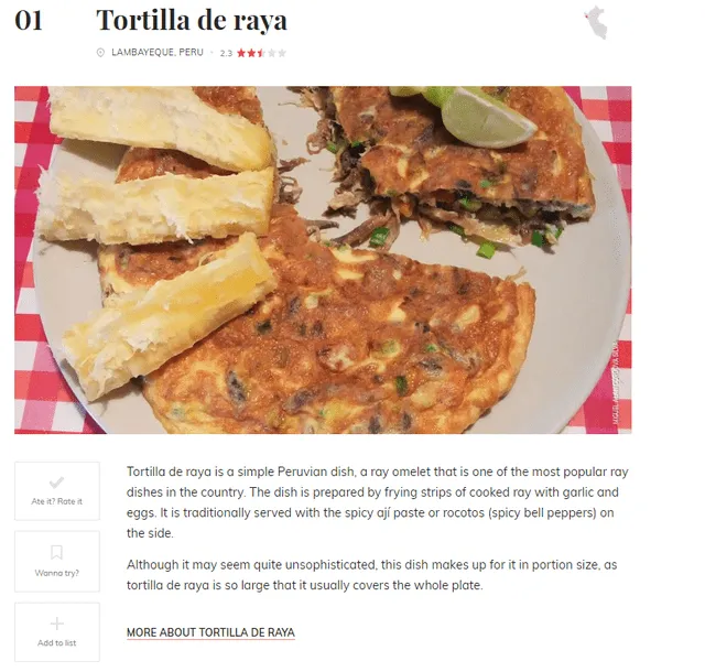  La review de Taste Atlas sobre la tortilla de raya. Foto: Taste Atlas   