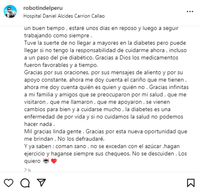  Comunicado de Robotín. Foto: Instagram de Robotín    