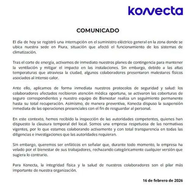 Konecta atribuye problemas de ventilación al corte de electricidad. Foto: Facebook.   