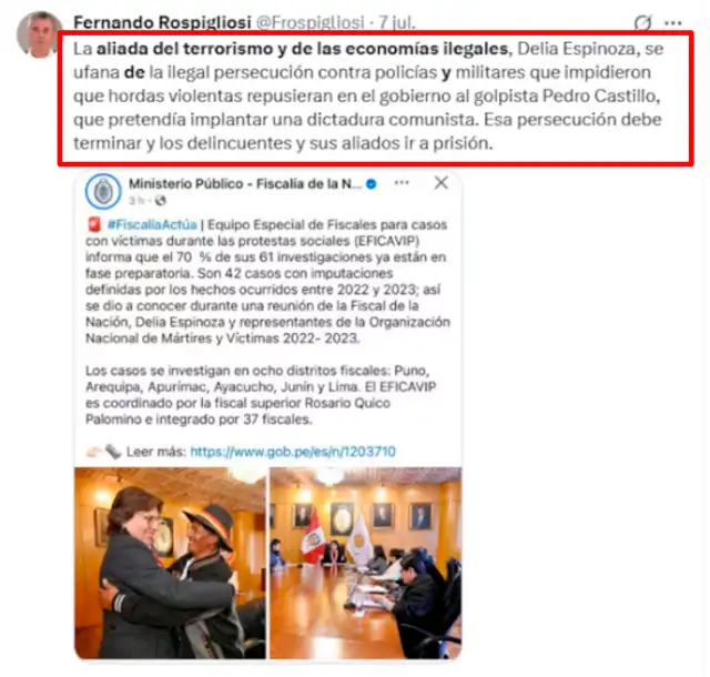 El tuit que causó la denuncia contra el presidente del Congreso. Foto: X  