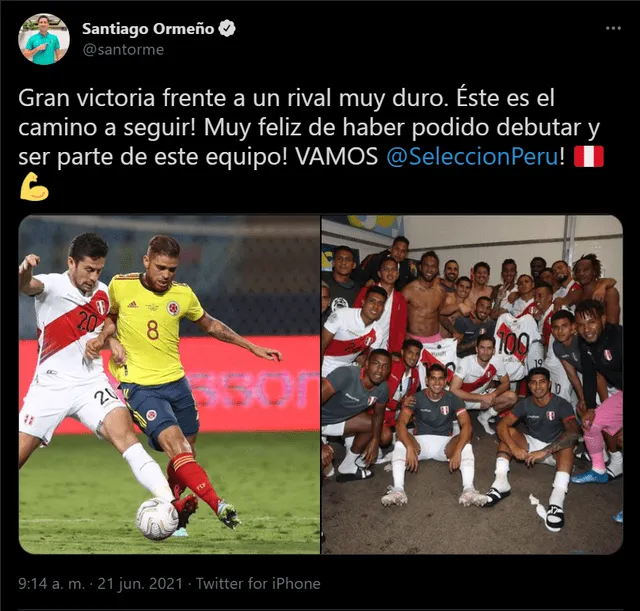Ormeño mostró su alegría luego del triunfo en Copa América. Foto: captura de Twitter