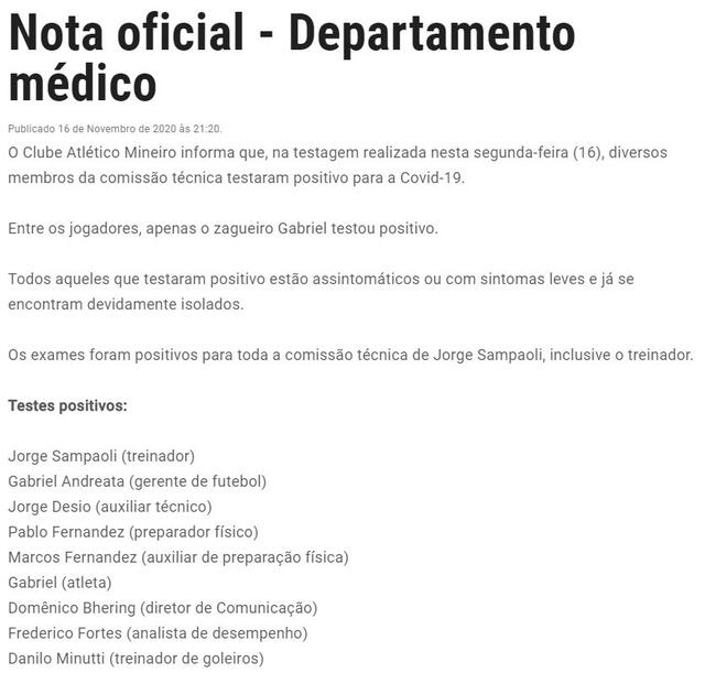 Comunicado del Atlético Mineiro en su página web