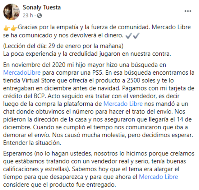 Sonaly Tuesta denuncia estafa por compra en Mercado Libre. Foto: captura Facebook Sonaly Tuesta