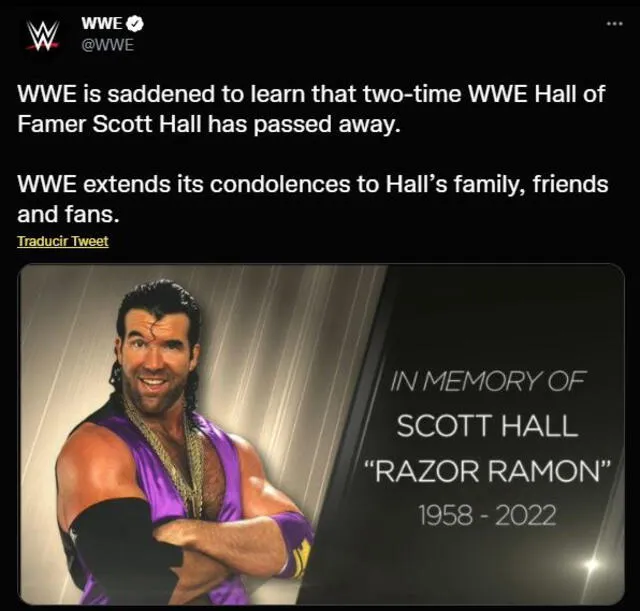 Confirmación de la muerte de Scott Hall, mejor conocido como Razor Ramon. Foto: Captura Twitter WWE