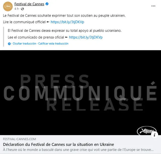 El Festival de Cannes compartió el comunicado a través de sus redes sociales. Foto: captura de Facebook