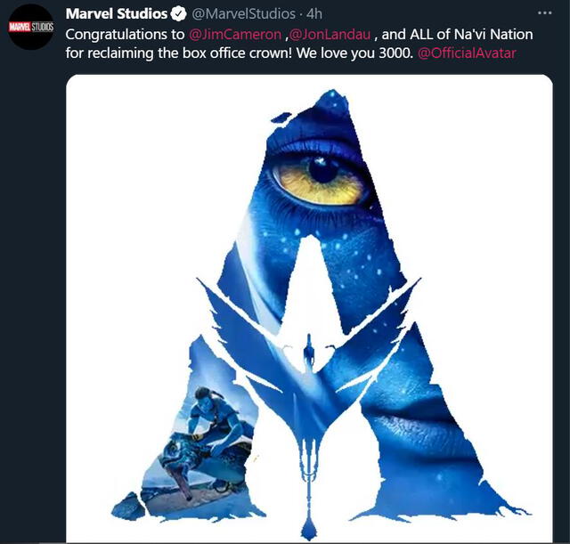 Avatar recobró su primer lugar tras relanzamiento en China. Foto: @MarvelStudios