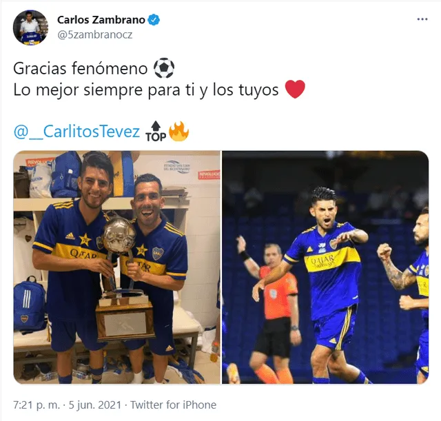Zambrano y su despedida a Carlos Tévez. Foto: Twitter