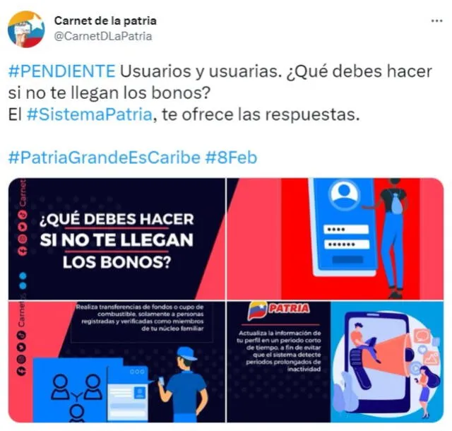  Carnet de la Patria informa a los usuarios sobre qué hacer para recibir los bonos. Foto: CarnetDLaPatria/ Twitter<br><br>  