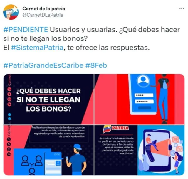 Carnet de la Patria informa a los usuarios sobre qué hacer para recibir los bonos.