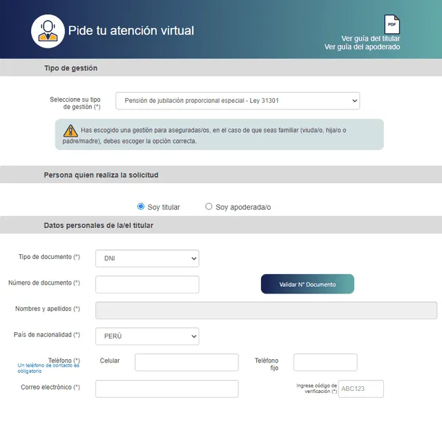 En este sitio web, debes llenar tus datos personales para solicitar asesoría sobre la jubilación proporcional. Foto: gob.pe   