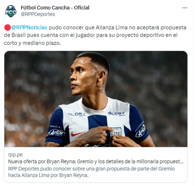  Alianza Lima rechaza oferta de Gremio. Foto: Twitter/RPP.   