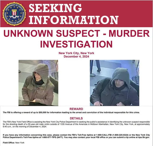  Imágenes del supuesto asesino de Brian Thompson en Manhattan. Foto: FBI New York.   