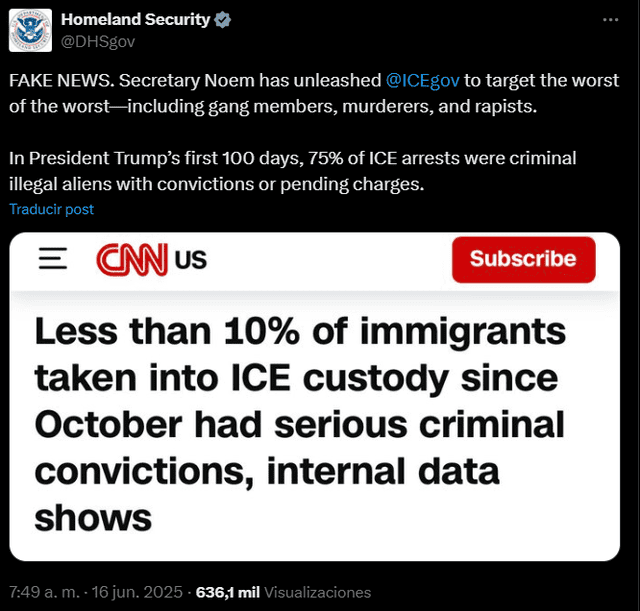 El DHS tildó de ''noticias falsas'' el artículo de CNN de este lunes 16 de junio. Foto: X. El DHS tildó de ''noticias falsas'' el artículo de CNN de este lunes 16 de junio. Foto: X.