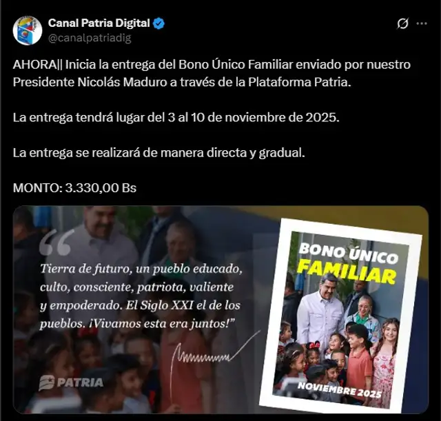 Anuncio del Bono Único Familiar de noviembre 2025. Foto: Canal Patria Digital   