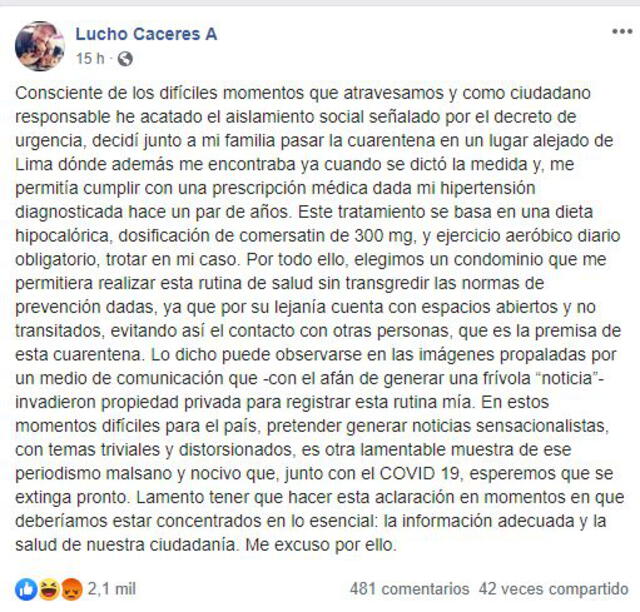 Defensa de Lucho Cáceres en Facebook.