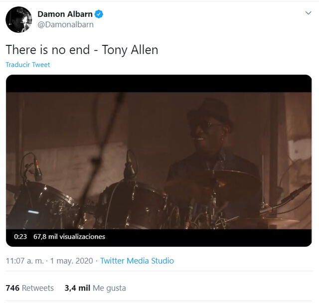 Damon Albarn, líder de Gorillaz, dedicó un homenaje a Tony Allen en Twitter.