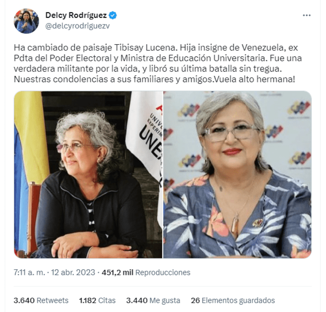 La vicepresidenta Delcy Rodríguez fue la primera en confirmar el fallecimiento de la ministra de Educación Universitaria, Tibisay Lucena. Foto: Twitter/Delcy Rodríguez.