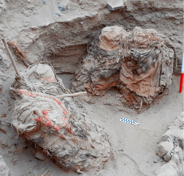  Excavación con tres fardos funerarios. Foto: Programa de Arqueología PUCP 'Valle de Pachacámac'   