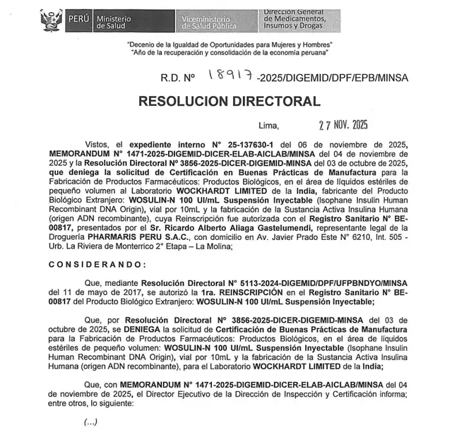  Resolución que ordena la inmovilización de la insulina Wosulin-N. Foto: Minsa.   