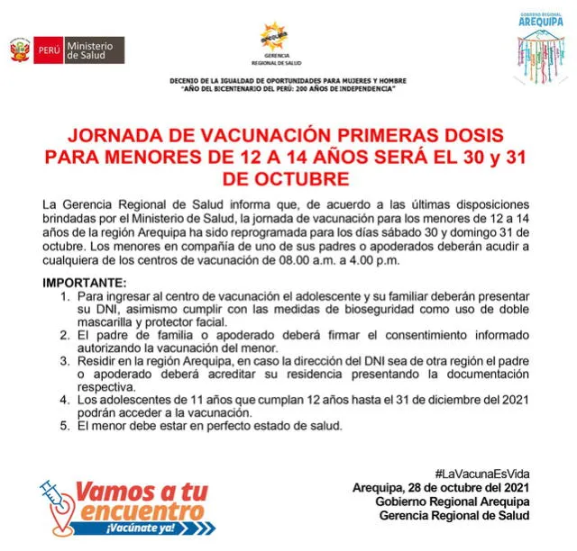 Arequipa: Este sábado 30 y el domingo 31 vacunan a menores de 12 a 14 años