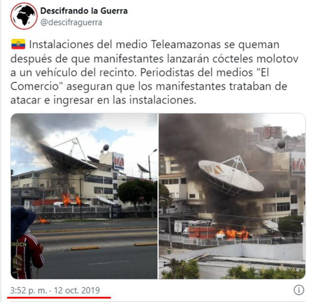 Tuit de Descifrando la Guerra en el que comparten 2 fotografías del incendio de Teleamazonas. FOTO: Captura de pantalla.