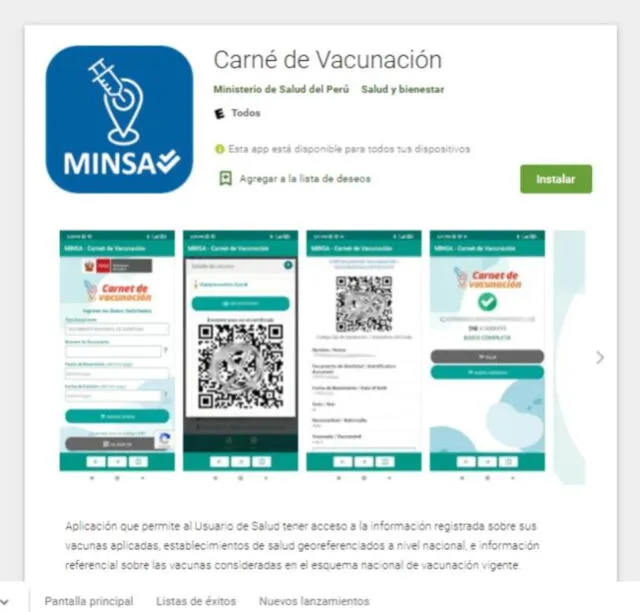 Descargar app carné de vacunación. Foto: Google Play Store