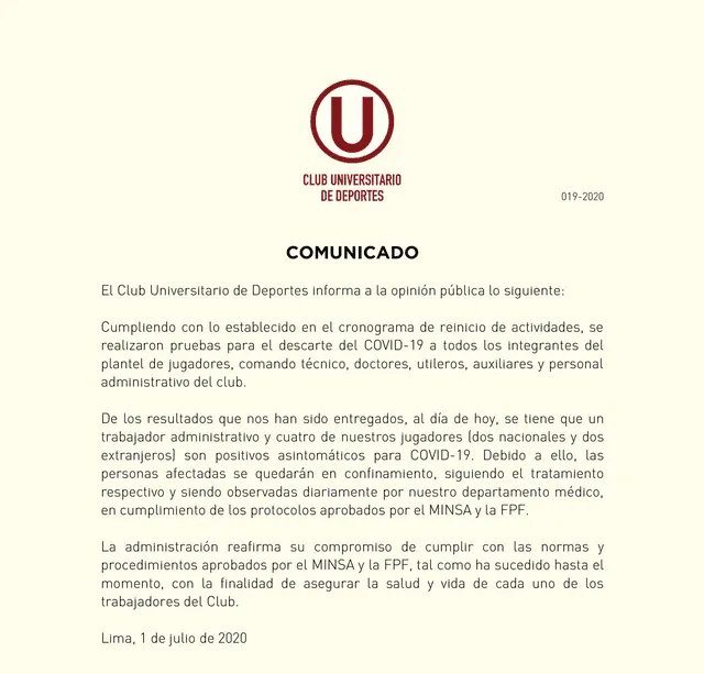 Universitario: Comunicado COVID-19
