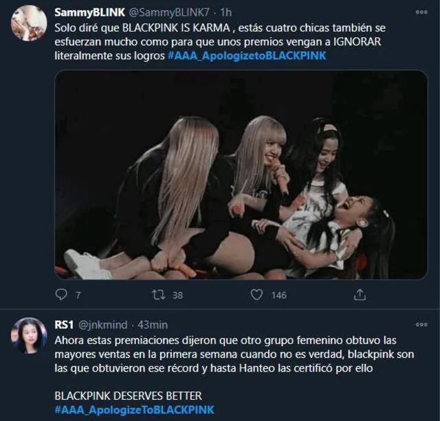 Comentarios sobre la ausencia de BLAKCPINK en los AAA 2020. Foto: captura Twitter