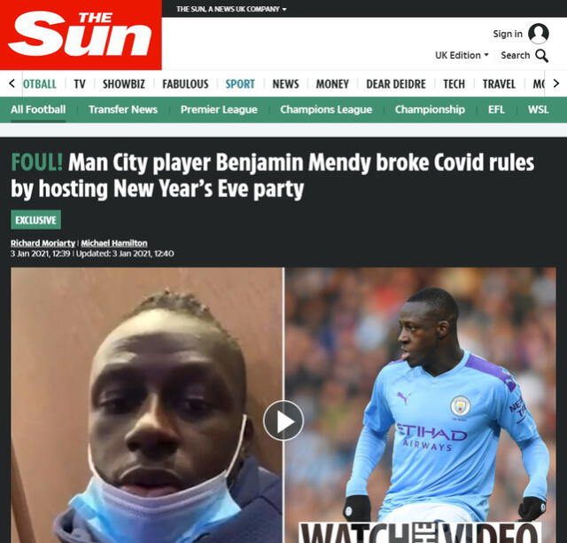 El tabloide inglés The Sun informó sobre la infracción cometida por Mendy. Foto: captura de pantalla