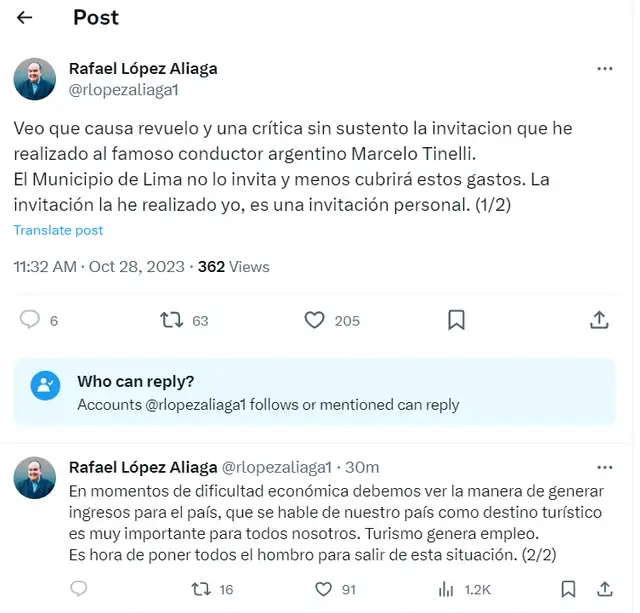 El tweet de Rafael López Aliaga. Foto: Twitter El tweet de Rafael López Aliaga. Foto: Twitter