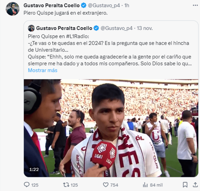 Gustavo Peralta confirmó que Quispe se va de la 'U'. Foto: X   