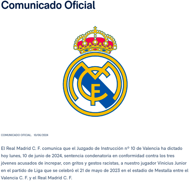  Comunicado de Real Madrid sobre Vinícius Júnior. Foto: Real Madrid    