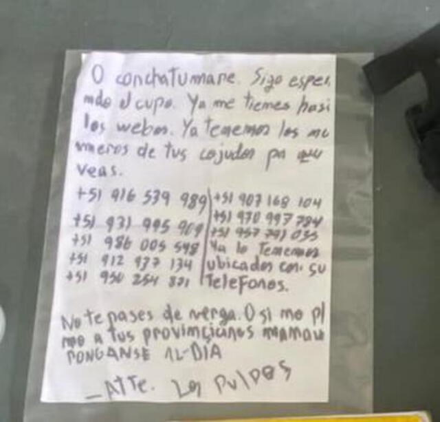 Carta extorsiva que encontraba el docente universitario. Foto: Difusión   