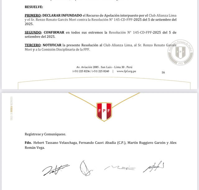  Documento de la FPF. Foto: X.   