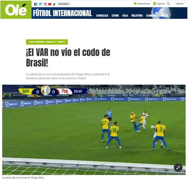 La pelota dio en el brazo extendido de Thiago Silva y, estando 0-0, desde el VAR no le avisaron al árbitro. Foto: captura